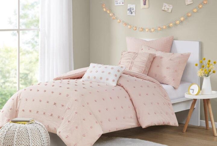 The Urban Habitat Brooklyn Cotton Jacquard Comforter Set features small tufted chenille dots that create a fresh shabby chic look. This comforter set brings a soft and charming update to your bedroom