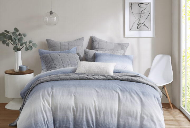 Callista is inspired by a serene ocean landscape interpreted by the horizontal gradation from blue to white. These stripes repeat throughout the top of bed and give us an illusion of peace