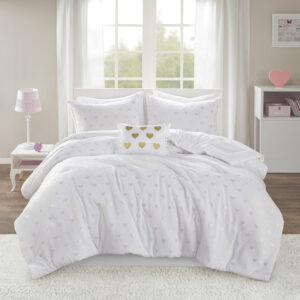 The Mi Zone Rosalie Metallic Printed Plush Comforter Set brings a bright and casual update to your bedroom. A gold metallic heart print adorns the white plush comforter and shams (1 in Twin/TwinXL) creating a soft and fun look. An oblong decorative pillow with a pompom trim and embroidered hearts adds a lovely touch to the bedding set. The hypoallergenic polyester comforter filling contains no allergens and is treated to be dustproof