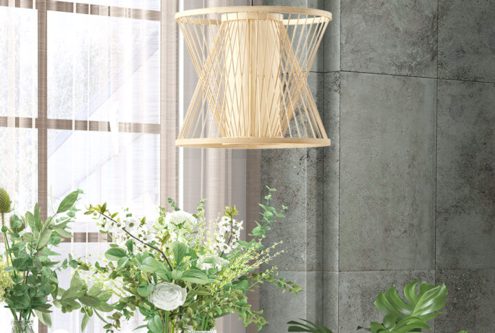 Make a statement in your home with INK+IVY’s Aria Geometric Bamboo Pendant. Featuring a uniquely designed natural bamboo rattan shade with a cylindrical shade in the center