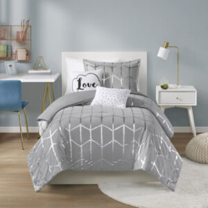 metallic silver print against a soft grey ground for a fun and eye-catching look! Matching sham(s) echo the design seen on top of bed and pulls the entire ensemble together. Two embroidered decorative pillows with typography and metallic details complete this fabulous duvet cover set. This bedding set uses an antimicrobial treatment that provides built-in freshness protection