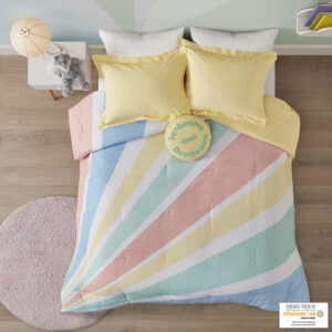 Add a burst of color to your kid’s room with the Urban Habitat Kids Rory Rainbow Sunburst Reversible Cotton Comforter Set. This cotton comforter features a colorful sunburst pattern with a confetti print on the reverse