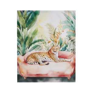 Immerse yourself in the captivating allure of our majestic cheetah canvas. This magnificent artwork features a cheetah resting comfortably in the jungle on a plush blush settee