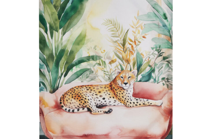 Immerse yourself in the captivating allure of our majestic cheetah canvas. This magnificent artwork features a cheetah resting comfortably in the jungle on a plush blush settee