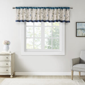 Add simple elegance to any room with the Serene window valance. The deep navy color combined with soft ivory and chocolate brown creates the perfect classic look. The valance features delicate floral embroidery and lining to help filter light and provide some room darkening features. Valance is made with 3" rod pocket and fits up to 1.25" diameter rod.