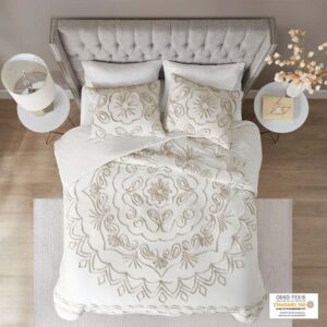 The Madison Park Violette 3 Piece Tufted Cotton Duvet Cover Set offers an elegant and charming update to brighten your bedroom décor. An ivory and taupe medallion design