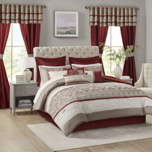 Update your entire space instantly with the Madison Park Essentials Jelena 24 Piece Room in a Bag. The bold red base on this comforter works beautifully with the soft white and red piecing. Decorative embroidery adorns the bottom portion of this comforter and the center of each sham creating a rich look in your space. Four solid red window panels