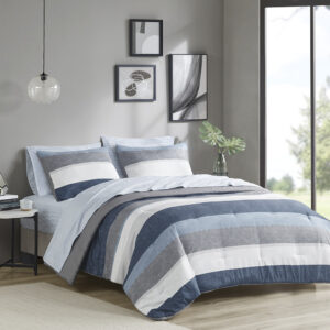 Revamp your bedroom style with the Madison Park Essentials Jaxon bed in a bag. This modern comforter set features a stripe pattern in alternating grey