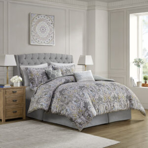 The Harbor House Hallie 6 Piece Cotton Comforter Set introduces an elegant and traditional allure to your bedroom decor. Flaunting a beautiful damask pattern in grey hues with hints of blue and yellow