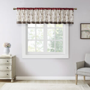 Add simple elegance to any room with the Madison Park Serene Embroidered Valance. This valance features delicate floral embroidery in rich red and natural hues