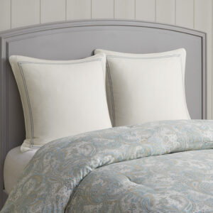 The Harbor House Chelsea bedding collection features a beautiful paisley print in soft blues and khaki on a soft ivory sateen fabric. This 100% cotton precale Euro sham is an accessory to the Chelsea bedding collection and features a beautiful