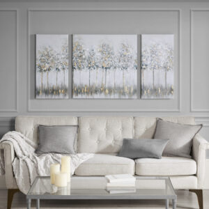 watercolor landscape in cool blue and grey hues with gold foil detailing that adds an eye-catching accent to the design. 2 D-rings on the reverse of each wall art makes them easy to hang together or separately. Comes as a three piece set with one panel measuring 27x27” and the other two measuring 13.5x27”