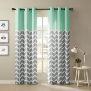 Our Intelligent Design Alex Chevron Printed Room Darkening Panel Pair adds bright color and fun style to your room. These window panels feature a contrast color chevron print with solid top border