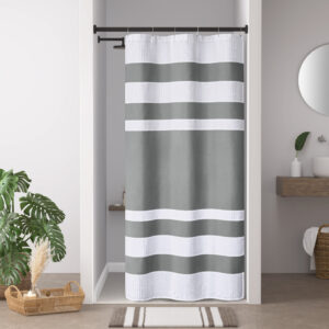 Update your space with the Madison Park Spa Waffle Shower Curtain with 3M Treatment. Featuring a fresh and updated stripe design