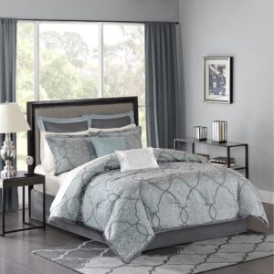 The Madison Park Lavine 12 Piece Bedding Collection gives your bedroom a rich and luxurious makeover. The comforter features a greyish blue jacquard woven fabric with a 3D effect created by a damask design in light and dark grey. The two pillow shams match the comforter design to enhance the luxury style. Two decorative pillows with embroidery and fabric manipulation details coordinate with the two euro shams for a stunning bedroom look. The set also comes with a complete ivory 100% cotton sheet set that adds a cozy touch to the bedding set. The items in the set may arrive in a rolled or compressed form