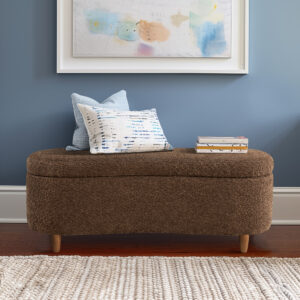 Introducing the Bailey boucle flip top storage bench from Ink+Ivy - a stylish and versatile piece that fits seamlessly into any room of your home. Featuring clean lines and a curved front