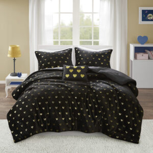 The Mi Zone Rosalie Metallic Printed Plush Comforter Set brings a bright and casual update to your bedroom. A gold metallic heart print adorns the black plush comforter and shams (1 in Twin/TwinXL) creating a soft and fun look. An oblong decorative pillow with a pompom trim and embroidered hearts adds a lovely touch to the bedding set. The hypoallergenic polyester comforter filling contains no allergens and is treated to be dustproof