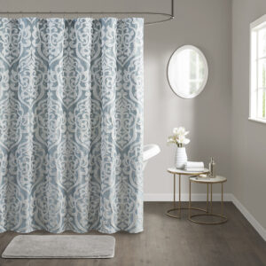 Add a touch of class to your bathroom with our Madison Park Odette Jacquard Shower Curtain. This luxurious textured shower curtain flaunts a gorgeous silver damask medallion design on a stria aqua jacquard ground that adds rich texture and dimension to the lavish look. Measuring 72x72"