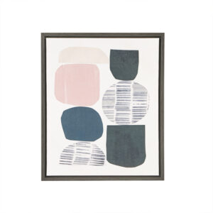 modern look to your décor. This canvas wall art set features abstract geometric shapes in soft and dark hues that boldly contrast with the white background. The gel coating creates a glossy sheen that protects the colors from fading and the frame detailing gives this two piece set a finished look. Simple yet striking