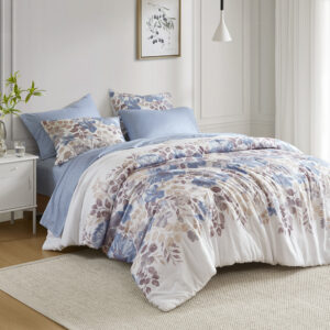 Create a calming oasis in the bedroom with the Madison Park Essentials bed-in-a-bag. This beautiful comforter set features a blue and grey watercolor floral print across the center of the white bedding