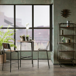 The INK+IVY Renu Bar Table brings a bold and industrial charm to your kitchen decor. This round bar table features a palette style table top that has varied tones of brown to create dimension and a unique look. The metal legs and stretcher displays a gun metal finish to complement the top