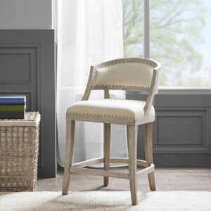 Give your dining space a warm and welcoming touch with the Madison Park Tuscan Counter Stool. This counter stool is upholstered in a natural-hued fabric that is complemented by the reclaimed biscuit wood finish on the solid wood legs and frame. A bronze nail head trim adds an elegant touch to the design