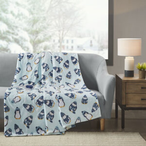 Wrap yourself up in the adorable comfort of the Beautyrest Oversized Plush Heated Throw. A cute penguin printed motif is displayed on the aqua ultra-soft plush base fabric