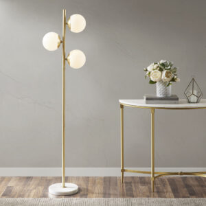 Update your space with the unique style of the INK+IVY Holloway 3-Globe Light Floor Lamp with Marble Base. This floor lamp features a white glass shade and a metal fixture with a gold finish for a striking contrast. The rounded shape creates a truly modern look for your living room or bedroom. Three Type B light bulbs are needed(not included).