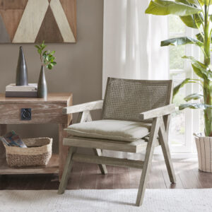 Give your home a one-of-a-kind natural update with the INK+IVY Ventura Accent Chair. This accent chair features a rattan back and a solid hardwood frame in a grey aged oak finish to create an organic appeal. The upholstered attached seat cushion provides exceptional comfort