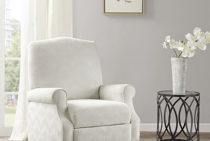 The Madison Park Athena Push Back Recliner Offers A Gorgeous Combination Of Beauty And Sophistication For Your Home Decor. This Push Back Recliner Is Upholstered In A Tonal Jacquard Woven Fabric That Creates A Rich Traditional Allure. The High Back And Round Arms Form A Sophisticated Silhouette