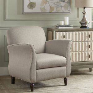 The Madison Park Escher Accent Chair brings a touch of elegance to your home decor. This accent chair is upholstered in a rich cream fabric and features flared arms that create a sharp transitional look. The solid wood legs provide a sturdy base