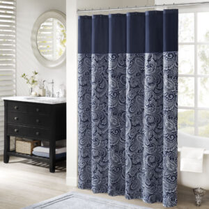 The Madison Park Aubrey Polyester Jacquard Shower Curtain creates a sophisticated modern look in your bathroom. The pieced design flaunts a beautiful woven jacquard in an updated paisley motif with a large solid stripe at the top of the shower curtain. This jacquard shower curtain is machine washable for easy care. Complete the collection and look with coordinate bath towels