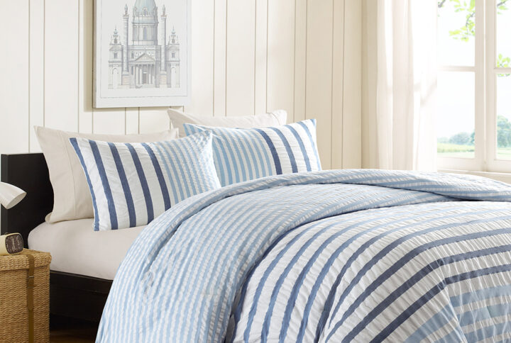 The Sutton Comforter Set shows off subtle stripes in dark