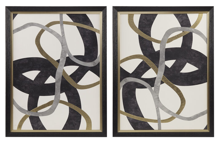 Add a bold artistic expression to your home with our Madison Park Moving Midas Gold Foil Abstract 2-piece Framed Canvas Wall Art Set by Artist 9 Lives Studio. Each framed canvas flaunts an abstract pattern in striking black