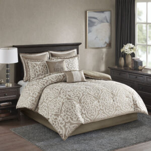 Add a touch of class to your bedroom with the Madison Park Odette 8 Piece Jacquard Comforter Set. The luxurious textured jacquard comforter and shams flaunt a gorgeous damask medallion design with ivory striations on the satin ground that add dimension to the lavish look. A solid neutral reverse and stunning Euro shams complement the top of the bed to complete the ensemble. Also included are two decorative pillows that feature embroidery and cording details