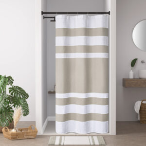 Update your space with the Madison Park Spa Waffle Shower Curtain with 3M Treatment. Featuring a fresh and updated stripe design