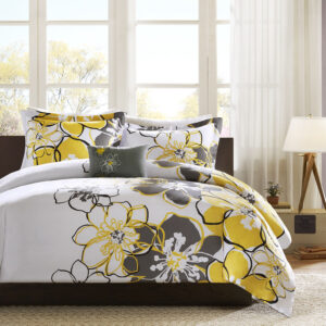 the Allison Duvet Cover Set can brighten up your room with its vibrant yellow and grey shades. The duvet cover and shams (1 for Twin/Twin XL) feature a printed