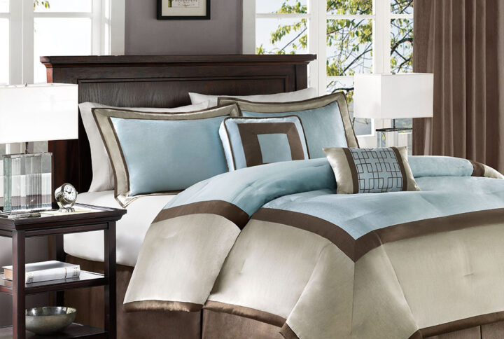 The Genevieve bedding collection creates a neutral feel to your space with a nice light blue to add some color. This set is made from 100% polyester polyoni creating a sheen to the brown