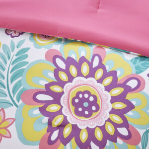 creating an adorable look. A round floral decorative pillow with embroidery complements the comforter set and adds the finishing touch. This bedding set uses an antimicrobial treatment that provides built-in freshness protection