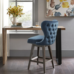 The Madison Park Hancock Swivel Counter Stool complements any kitchen with its simple and elegant design. This armless swivel counter stool flaunts a tufted wingback design with matte silver nail heads