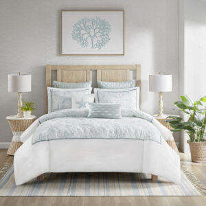 Bring the ocean into your home with the Harbor House Maya Bay Collection. A dark seafoam blue is the accent color used in this beach themed duvet cover and shams playing up the seashell and sand dollar all over embroidery. Made from 200 thread count cotton