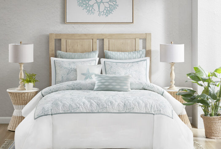 Bring the ocean into your home with the Harbor House Maya Bay Collection. A dark seafoam blue is the accent color used in this beach themed duvet cover and shams playing up the seashell and sand dollar all over embroidery. Made from 200 thread count cotton