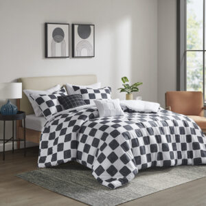 Transform your bedroom into a stylish space with this bold black and white checkered comforter set. The modern comforter and shams (1 in Twin/Twin XL) feature a textured checkered print that adds dimension and uniqueness