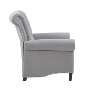 this recliner chair is upholstered in a rich grey fabric for a charming transitional look. A pewter nail head trim adds an elegant accent to the design