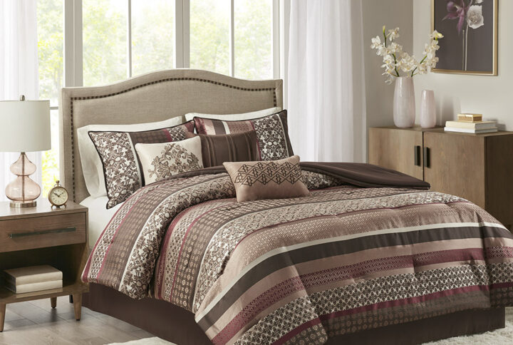 Update your bedroom with the Princeton comforter set. Princeton creates character with intricate geometric and damask prints in a mix of brown