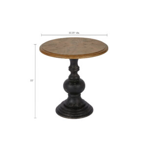 the top of this round accent table features an ash veneer that creates a beautiful contrast with the rich black finish on the hand-carved base. Uniquely stylish