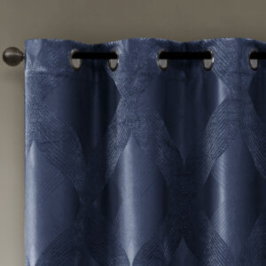 our SunSmart Bentley Ogee Knitted Jacquard Total Blackout Panel is the perfect update to dress any window. An ogee knitted jacquard design is featured in a rich navy hue