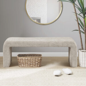 Steve bench has a sleek waterfall design with rounded corners and is upholstered in soft