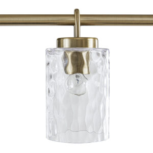 featuring a sleek antique brass finish and five textured glass cylindrical shades. Perfect for entryways