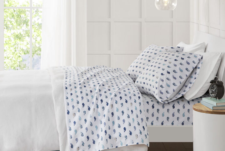 The Mi Zone Printed Sheet Set brings a delightful and charming update to your child's bedroom. This ultra-soft microfiber sheet set is naturally wrinkle-free and features printed blue whales